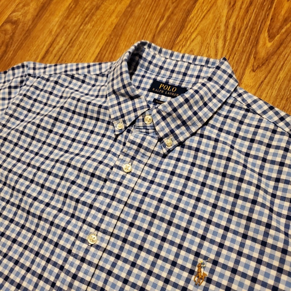 Polo Ralph Lauren Shirt Men XL Blue Gingham‎ Classic Fit Button Down Flesh Pony